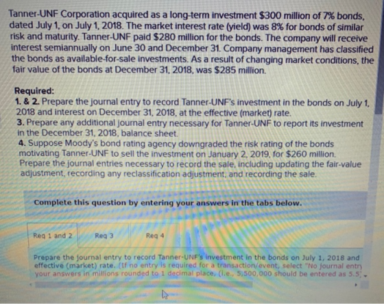 Tanner-UNF Corporation acquired as a long-term investment $300 million of 7% bonds, dated July 1, on July 1, 2018. The market