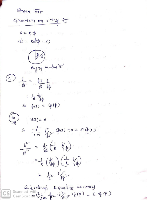 Quantum on a ring & SER0 ds = Rdd-1 Ring of radius & I f de to So 90s) : 4 ($) so 40) +03 Edas 3 ) C Scanned with Chrolings