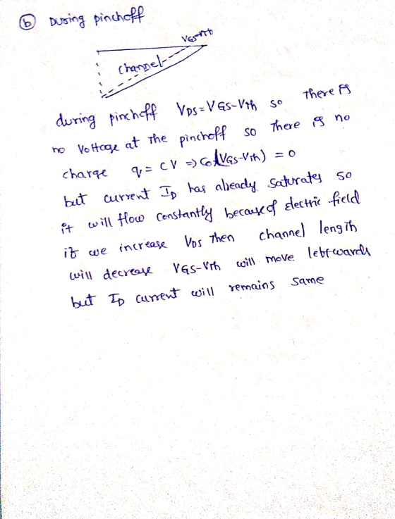 ② Dusing pinchoff resto Channel channe during pinchoff Vos= VES-Vth so there is no Voltage at the pinchoff so there og no. ch