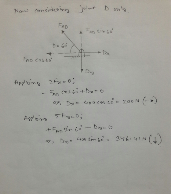 Now considering joint Dong FAD & FAO singo 6 = 60 FAD COSSO Dy Applying Ifn=0; - FAD COS 60 + Da=0 og, Dr = 400 cos 60 = 200N
