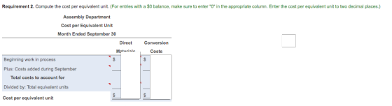 Requirement 2. Compute the cost per equivalent unit. (For entries with a $0 balance, make sure to enter 0 in the appropriat