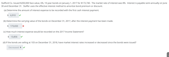 Stafford Co. Issued $200,000 face value, 6%, 10-year bonds on January 1, 2017 for $172,740. The market rate of interest was 8