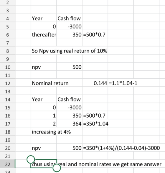 Year Cash flow 0 -3000 thereafter 350 =500*0.7 So Npv using real return of 10% 10 npv 500 11 12 Nominal return 0.144 =1.1*1.0