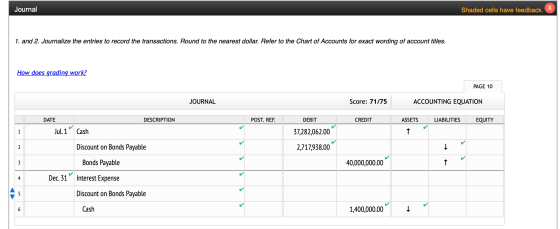 Journal Shaded cells have feedback. 1. and 2. Journalize the entries to record the transactions. Round to the nearest dollar.