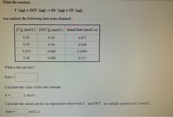 When the reaction r(aq) + OC1- (aq) → 10- (aq) + CI+ (aq) was studied the following data were obtained: [Ilo (mol/L) [OCI),