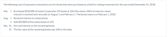 The following Lawn Corporation transactions are for bonds that were purchased as a held for trading investment for the year e