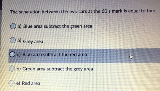 The separation between the two cars at the 60 s mark is equal to the: a) Blue area subtract the green area b) Grey area c) Bl