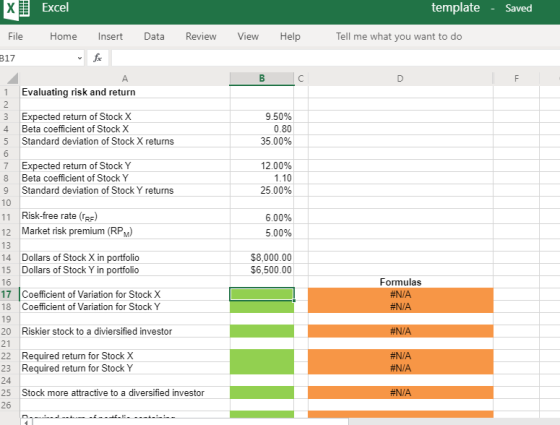 Excel template - Saved File Home Insert Data Review View Help Tell me what you want to do 317 B C А Evaluating risk and retur