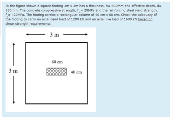 In the figure shown a square footing 3m x 3m has a thickness, h= 600mm and effective depth, d= 530mm. The concrete compressiv