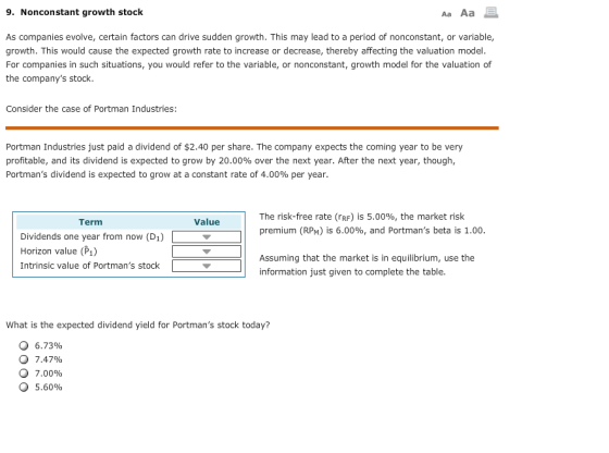 9. Nonconstant growth stock Aa Aa As companies evolve, certain factors can drive sudden growth. This may lead to a period of