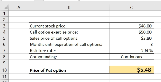 $48.00 $50.00 $3.80 Current stock price: Call option exercise price: Sales price of call options: Months until expiration of
