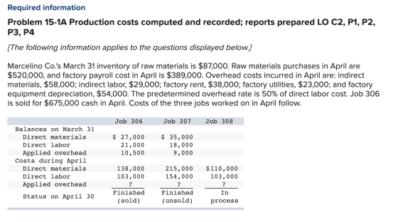 Required information Problem 15-1A Production costs computed and recorded; reports prepared LO C2, P1, P2, P3, P4 [The follow