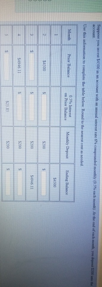 Suppose you invest $4500 in an account. with an annual interest rate 6% c Use this information to complete the table below. R