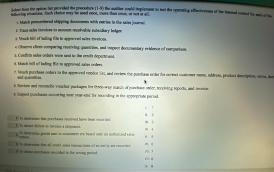 vided the procedure (1-9) the auditor could implement to test the operating electiveness of the Internal control Select from