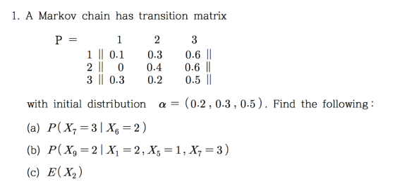 1. A Markov chain has transition matrix 2 3 1 0. 0.3 0.6 ll 2 0 0.4 0.6 l 3 I| 0.3 0.20.5 I| with initial distribution a(0.2,0.3, 0.5). Find the following (a) P(X, 31X62) (c) E(X2)