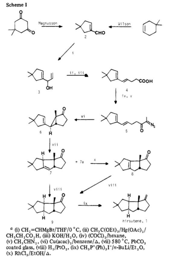 Scheme I Magnusson Wilson HO i, iii OOH OH v,v 0 vii viii viii hirsutene,1 a (i) CH,-CHMgBr/THF/0°C, (ii) CH3C(OEt),/Hg(OAc)2/ CH,CH,CO,H,ii) KOH/H20, (iv) (COCI),/hexane, (v) CH,CHN2, (vi) Cu(acac),/benzene/A, (vii) 580 °C, PbCO coated glass, (viii) H2/PtO2, (ix) CH,PPh),1-/n-BuLi/Et,0, (x) RhCl,/EtoH/A.