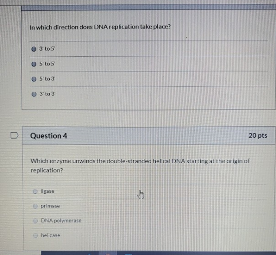 In which direction does DNA replication take place? 3to 5 5to 5 5to 3 3to 3 Question 4 20 pts Which enzyme unwinds the do
