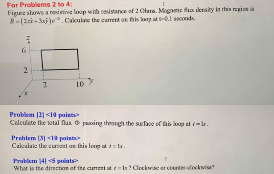 For Problems 2 to 4: Figure shows a resistive loop with resistance of 2 Ohms. Magnetic flux density in this region is B = (2