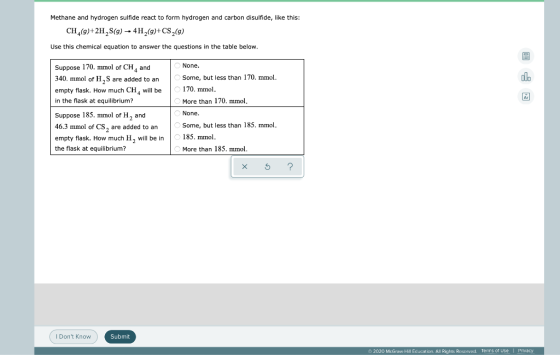 Methane and hydrogen sulfide react to form hydrogen and carbon disulfide, like this: CH_(9)+211,S(g) + 4H (9)+CS (9) Use this