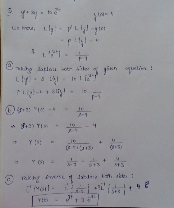 9. yt sy - 10 . 710 = 4 we know, Lly} = p Lly! -y (0) - p Lly 3 - 4 & Lleth} = 1 @ Taking laptace both sides of given equati