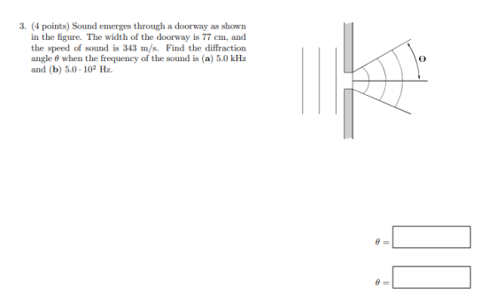 3. (4 points) Sound emerges through a doorway as shown in the figure. The width of the doorway is 77 cm, and the speed of sou