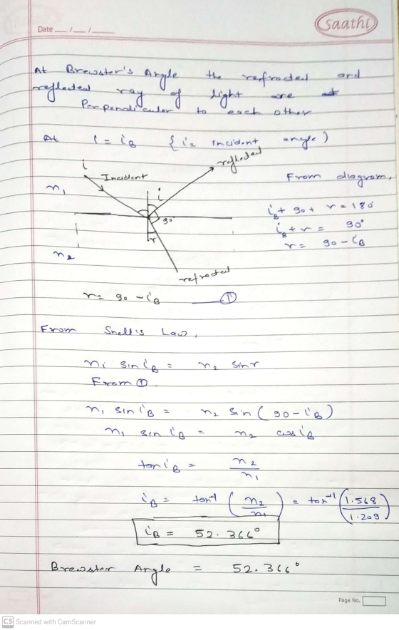 Caathi Date At Brewsters reflected ray of Angle refrodan light Per penali celor to { iz incidant ange) C+ refloden Incident