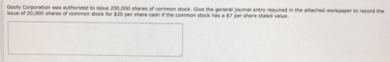 Goofy Corporation was authorized to issue 200,000 shares of common stock. Give the general journal entry required in the atta