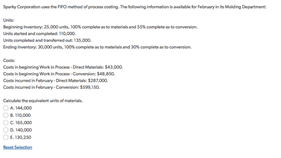 Sparky Corporation uses the FIFO method of process costing. The following information is available for February in its Moldin