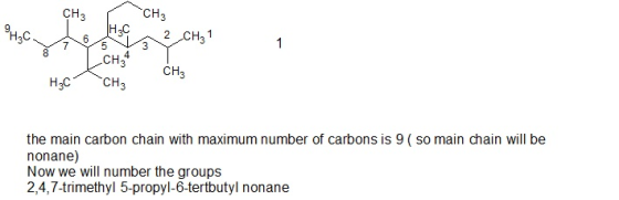 CH CH3 ?? 4 CH3 ??? 2 CH31 7 CH CH3 the main carbon chain with maximum number of carbons is 9 ( so main chain will be nonane) Now we will number the groups 2,4,7-trimethyl 5-propyl-6-tertbutyl nonane