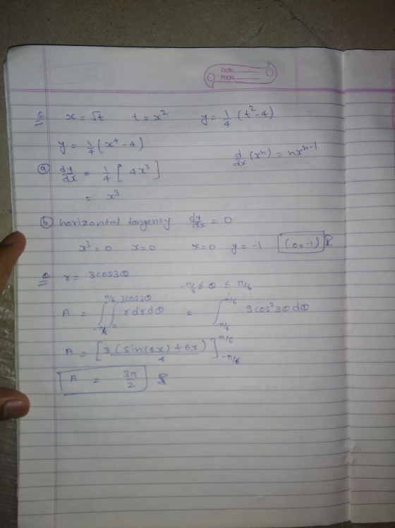 Date. Page t = x² yo (424) y = 4 d (och) hehet (xct-4) [ 4x3] dy doc 4 ② horizontal tangency (- وم) A 3 cos30 -%co c TIG 1/6.