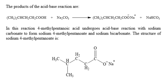 The products of the acid-base reaction are: (CH3),CHCH,CH,COOH + Na coz - (CH3),CHCH,CH,COONa + NaHCO; In this reaction 4-met