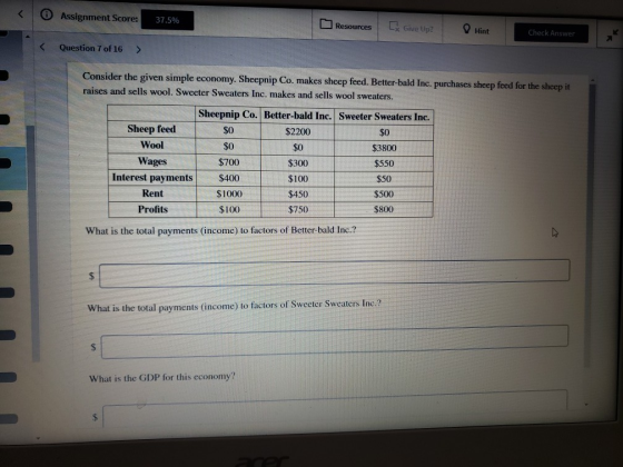 Assignment Score: 37.5% Resources Give Up? Hint Check Answer Question 7 of 16 > Consider the given simple economy. Sheepnip C