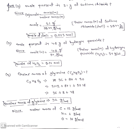 3.1 TO Since mass (m) 3 5844 fuos en (2) mole present in 3. of sodium chloride ? (n) mole; molar mass (M) mole= 3.1 of [Moler