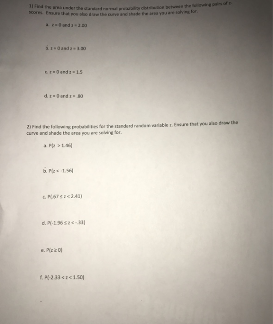 1) Find the area und scores. Ensure that you also draw the curve and shade the area er the standard normal probability distribution between the following pairs of z- you are solving for a. z 0 and z -2.00 b. z 0 and z 3.00 cz-0 and z 1.5 2) Find the following probabilities for the standard random variable z. Ensure that you all curve and shade the area you are solving for. a. P(z >1.46) b. P(z -1.56) c. P(.67 s2<2.41) d. P(-1.96 s z<-33) e. P(z 2 0) f. Pl-2.33 <z<1.50)