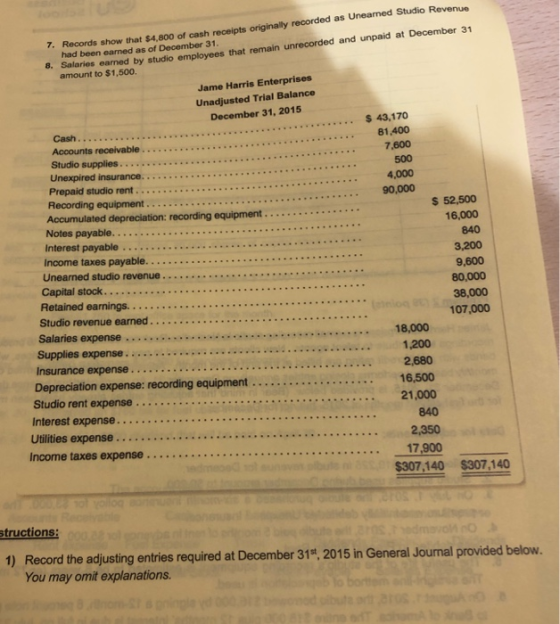7. Records show that $4,800 of cash receipts originally recorded as Uneamed Studio Revenue had been earned as of December 31.