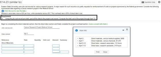 Question Help * E14-23 (similar to) Easteen State University uses job-cost records for various research projects. A major rea