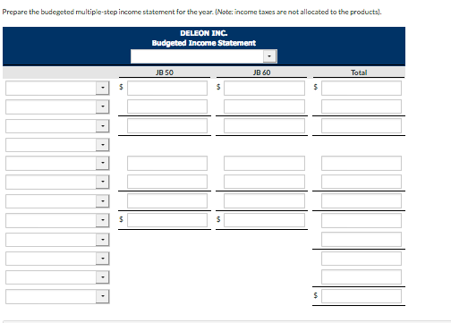 Prepare the budegeted multiple-step income statement for the year. (Note: income taes are not allocated to the products). DEL