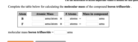 Use the References to access important values il neeueu for this ques Complete the table below for calculating the molecular