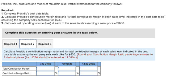 Presidio, Inc., produces one model of mountain bike. Partial information for the company follows: Required: 1. Complete Presi