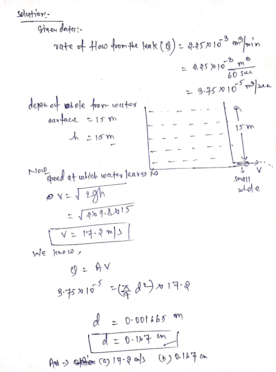 solutions ginen deuter: oate of How from the leak (0) = 2.950108 m/min m = % 85 % 10 60 sue = 3.75 X 10 my sie depth of horo
