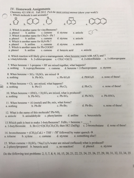 IV. Homework Assignments Chemistry 421 HWW Fall 2012 Pick the most correct answer (show your work!): 1. Which molecule is ant