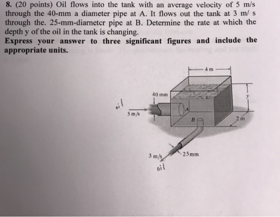 8. (20 points) Oil flows into the tank with an average velocity of 5 m/s through the 40-mm a diameter pipe at A. It flows out the tank at 3 m/ s through the. 25-mm-diarnetcr pipe at B. Determine the rate at which the depth y of the oil in the tank is changing. Express your answer to three significant figures and include the appropriate units. 4 m 40 mm 5 m/s 25 mm oil