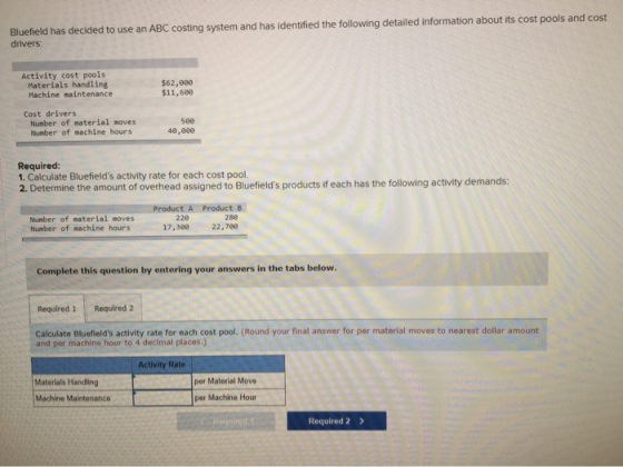 Bluefield has decided to use an ABC costing system and has identified the following detailed information about its cost pools