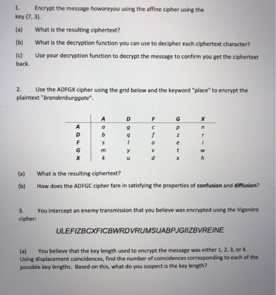 1. Encrypt the message howareyou using the affine cipher using the key (7,3). (a) What is the resulting ciphertext? (b) What