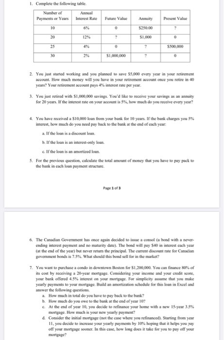 1. Complete the following table. Number of Annual Payments or Years Present Value Interest Rate Future Value Annuity 10 $250.