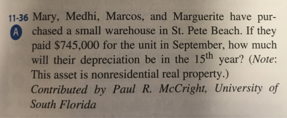 11-36 Mary, Medhi, Marcos, and Marguerite have pur- A chased a small warehouse in St. Pete Beach. If they paid $745,000 for t