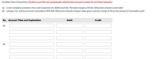 Consider these transactions: (Credit account titles are automatically indented when amount is entered. Do not indent manually