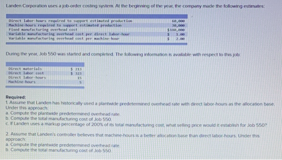 Landen Corporation uses a job-order costing system. At the beginning of the year, the company made the following estimates: D