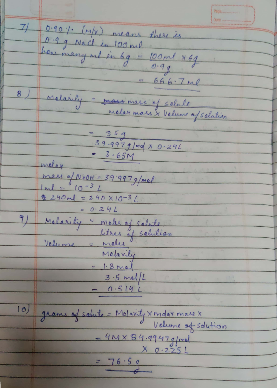 7 0.90% (m/v) means there is 0.9 g Nace in 100ml how many mal in Gg - 14 0.99 - a 66 6.7 me - 100ml x 6g Molarity = hast mass