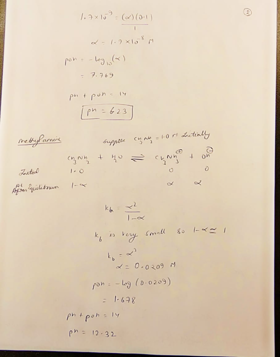 1.7x10 = () (2.1) 2.1.7 x108 M pon = -log(x) = 7.769 ph + рол - у (pn = 6:23] methylamine suppose cyan = 1.0r1 Laitially chan